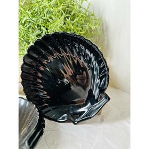 Vtg Arcoroc Coquillage Black Glass Shell Plates Set 4 5.5in